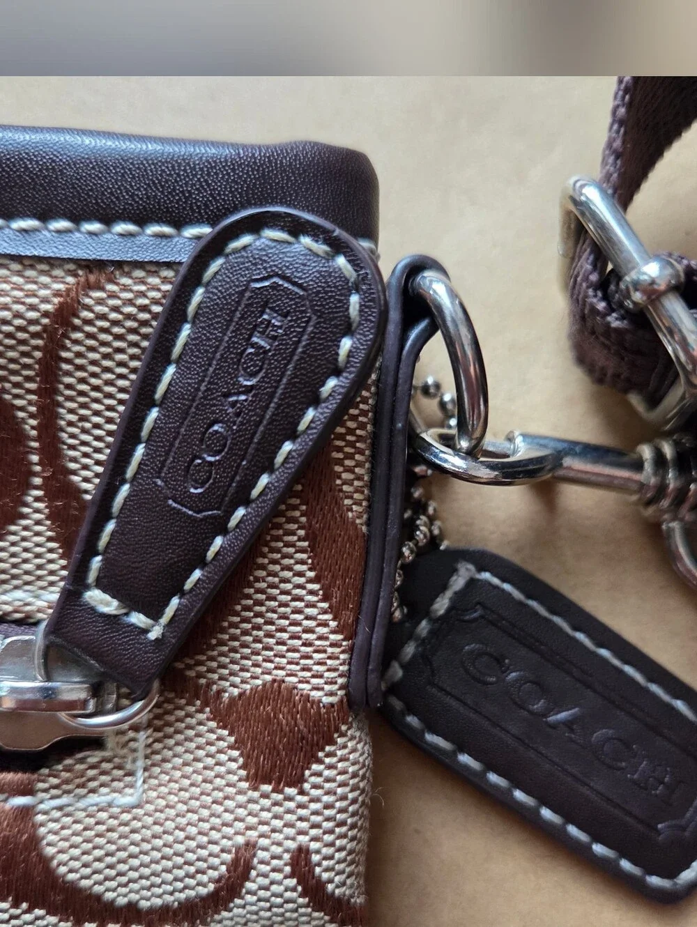 Vintage COACH Signature Stripe Swingpack Crossbody Bag In Brown